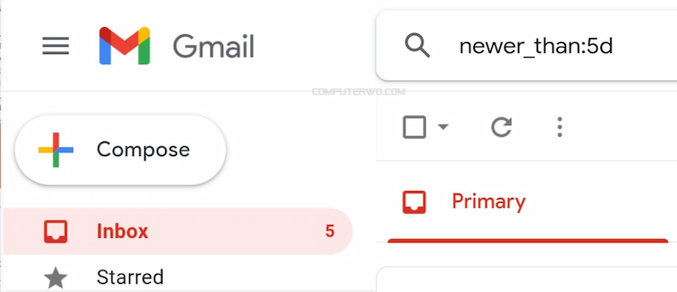 للاطلاع على رسائل البريد الإلكتروني خلال أحدث عدة أيام أو أشهر أو سنوات محددة، استخدم الاستعلام التالي في مربع بحث Gmail؛ (newer_than:5d). يقوم هذا الاستعلام بإظهار رسائل البريد الإلكتروني خلال آخر خمسة أيام. وبنفس الطريقة استبدل رقم 5 بأي رقم تريده، واستبدل d بـ m لشهور أو y للسنوات. كما يمكنك الجمع بين استعلامات البحث "newer_than" و "older_than" للعثور على رسائل البريد الإلكتروني الخاصة بك، فقط افصل بينها بمسافة واحدة.  3- البحث عن الرسائل المستلمة بعد تاريخ محدد