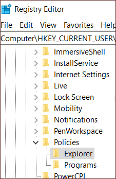 الآن، ستقوم بالتوجه للمسار التالي في نافذة Registry Editor:  HKEY_CURRENT_USER\SOFTWARE\Microsoft\Windows\CurrentVersion\Policies\Explorer