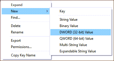 ما ستقوم به بعد ذلك هو الضغط بالزر الأيمن للفأرة على أي مكان فارغ داخل مجلد Explorer، وستختار New وثم DWORD (32-bit) Value، وستقوم بتسميته أخيرًا RecycleBinDrives.