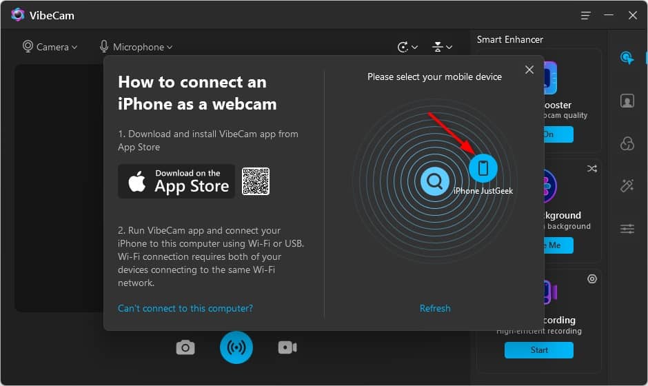 VibeCam هو تطبيق مجاني يتيح لك استخدام جهاز iPhone الخاص بك ككاميرا ويب على أي جهاز كمبيوتر يعمل بنظام Windows.