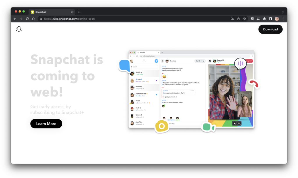 يمكنك الآن السماح لهاتفك الذكي بالشحن مع الاستمرار في إرسال لقطات من جهاز الكمبيوتر الخاص بك.  أطلقت شركة Snap Inc. الشركة الأم Snapchat ، Snapchat للويب.  ستسمح هذه النسخة الجديدة من خدمتها في النهاية لما يقرب من 332 مليون مستخدم للمنصة باستخدام Snapchat من متصفح الويب على أجهزة الكمبيوتر الخاصة بهم.    يمكن الوصول إلى Snapchat للويب على web.snapchat.com ، وهو (على الأقل في الوقت الحالي) متوافق فقط مع Chrome ، متصفح الويب من Google.  مع هذا الإصدار من الخدمة ، يأمل Snap في السماح لك باستئناف نشاط Snapchat من حيث توقفت على هاتفك المحمول.  بالإضافة إلى الدردشة ، ستتمكن من إجراء مكالمات صوتية ومرئية والرد على الرسائل.