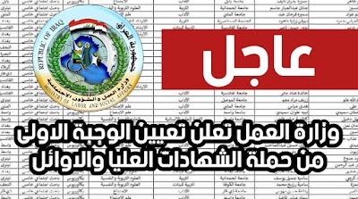 وزارة العمل تعلن تعيين الوجبة الاولى من حملة الشهادات العليا والاوائل