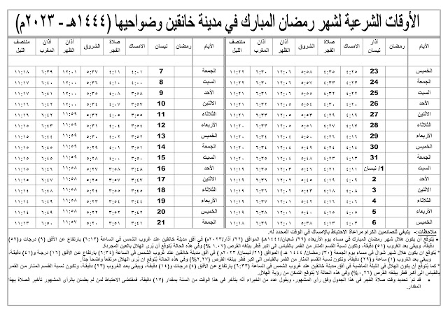 امساكية رمضان 2023 مدينة مدينة خانقين ( محافظة ديالى ) السيد السيستاني